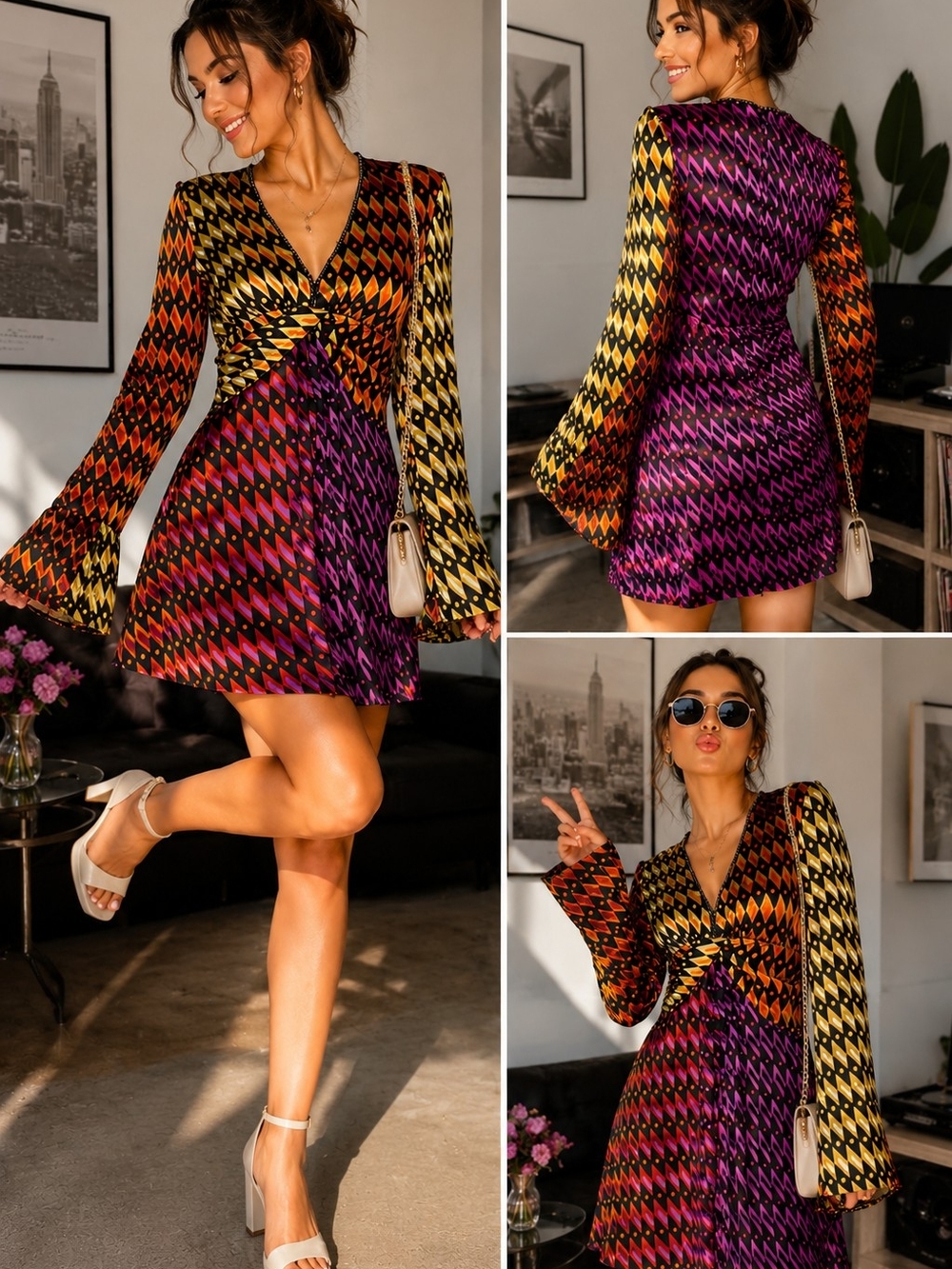 Zara Multicolor Geo-Print Midi Dress in Purple, Orange & Yellow